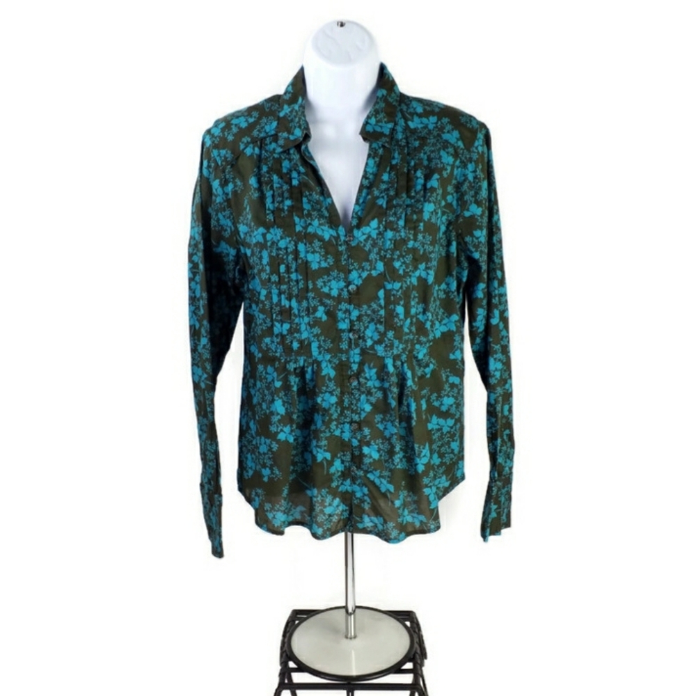 Eddie Bauer Brown Blue Botanical Print Pintucked Long Sleeve Blouse Women Medium